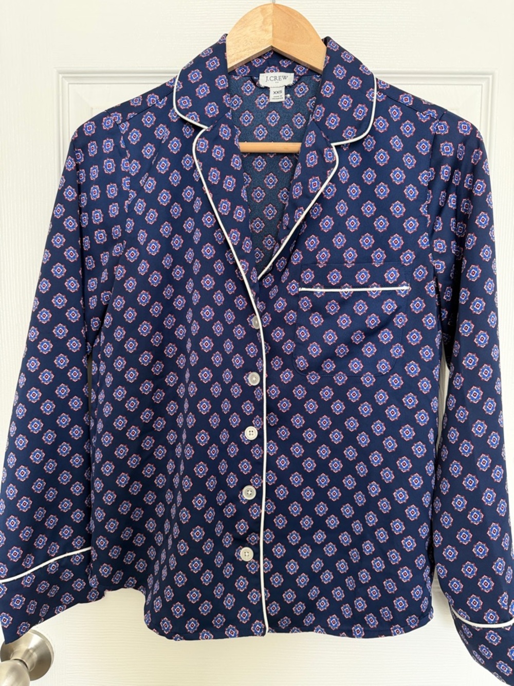 J.CREW Navy Geometric Print Pajama Shirt with White Piping | Size XXS